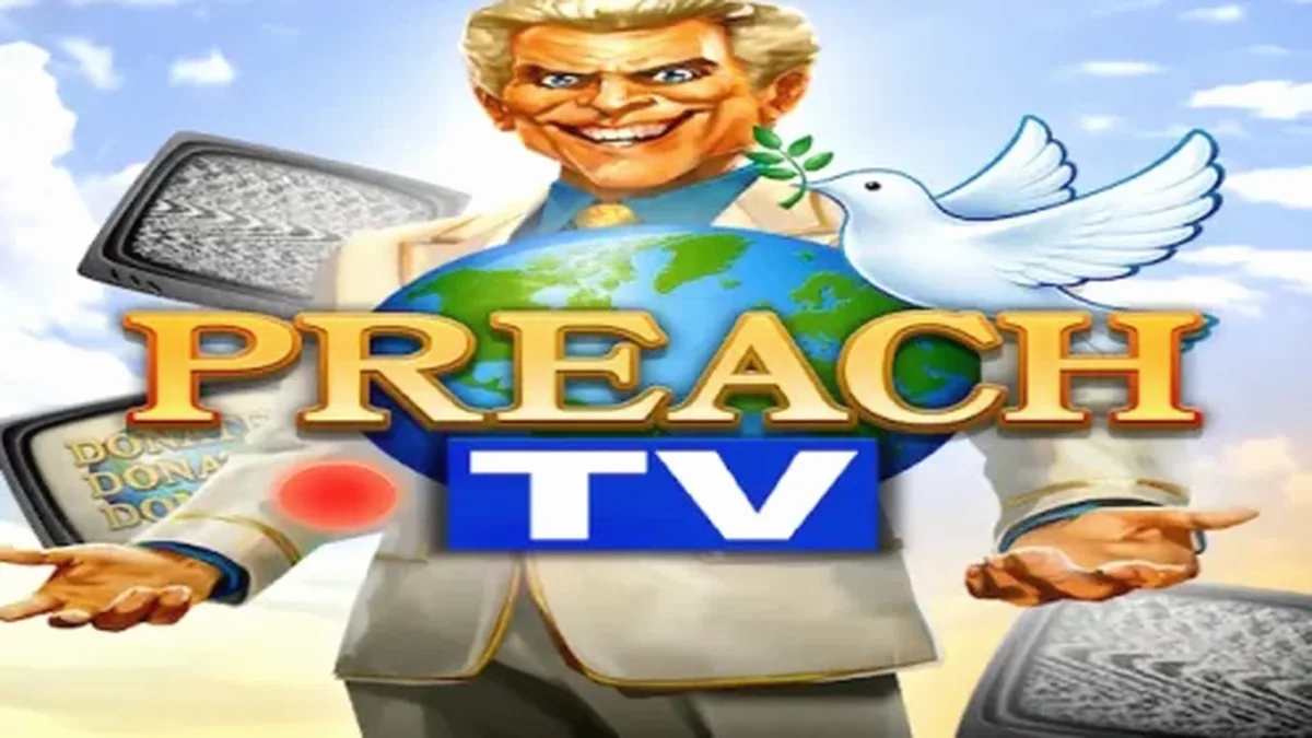 Interface do slot Preach TV com o televangelista e monitores de bônus