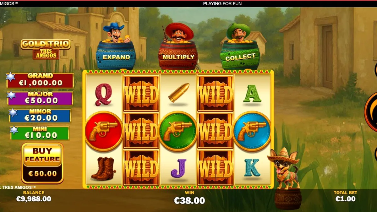 Tela do jogo de slot Gold Trio: Tres Amigos com elementos festivos mexicanos
